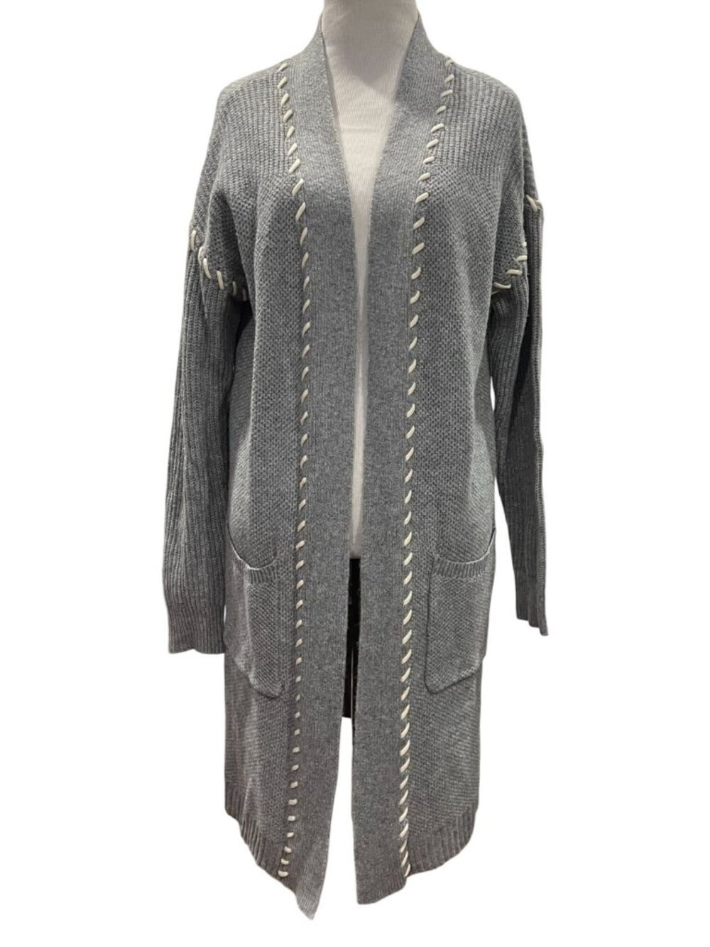 Time and Tru Longline Ribbed Cardigan L Gray Whipstitch Trim Midweight Lagenlook